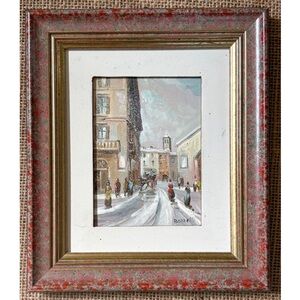 Small Vintage Signed Bozzelli Oil Painting Snowy Winter Village Victorian